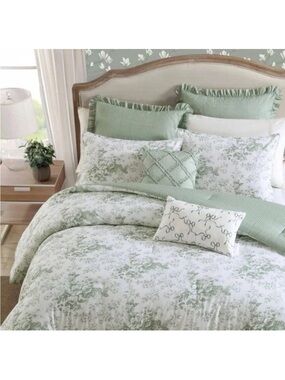 Laura Ashley Twin Green Floral Toile Reversible Comforter Set 5pc